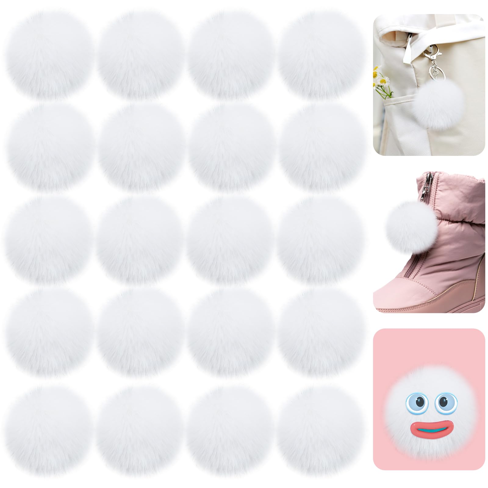 Bekecidi 20 PCS Faux Fur Pom Pom Balls, Fluffy Pom Poms with Elastic Loop Soft Plush Faux Rabbit Fur Pompoms for Hats Scarves Gloves Knitting Keychains Bags DIY Craft (White, 5cm)