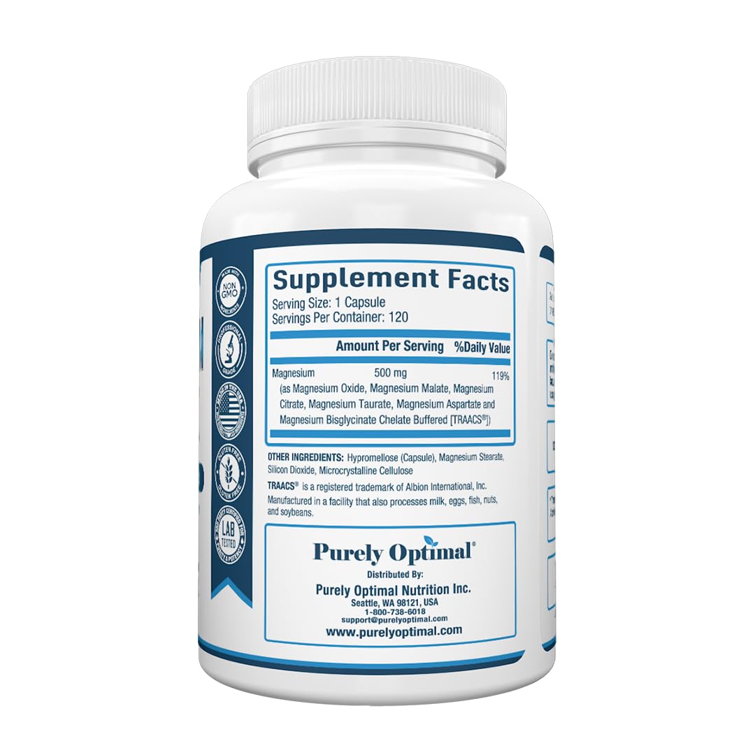 Purely Optimal Magnesium Complex - 6 Forms Magnesium Glycinate, Citrate & Malate - Sleep Support, Stress Relief, Muscles, Heart Health & Relaxation - Magnesium Supplement for Women & Men, 120 Caps
