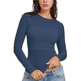 AIMILIA Women's Semi Sheer Long Sleeve Tops, Boat Neck Slim Fit Ruched Sexy Shirts, Going Out Basics Tight Tees Y2k Clothes