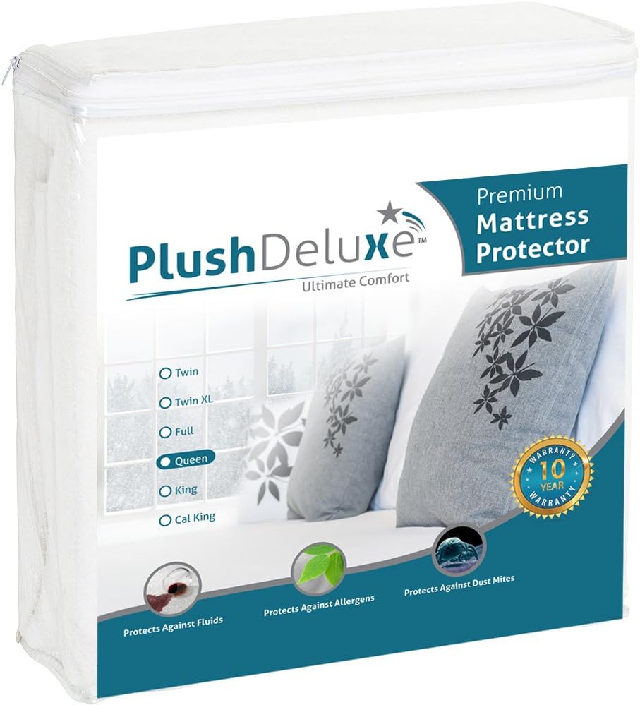 PlushDeluxe Premium Mattress Protector, Waterproof & Hypoallergenic Mattress Cover, Breathable & Without Vinyl Soft Cotton Terry Surface: Home & Kitchen