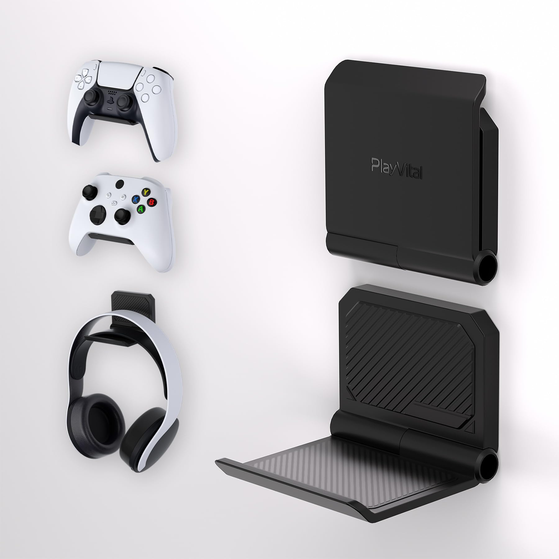 PlayVital FOLD Controller Holder Wall for PS5 PS4 Xbox Switch Pro Headset, 2 Pack Universal Storage Organizer Gaming Controller Stand Headphone Mount - Foldable Anti-Slip Adhesive Removable, Black