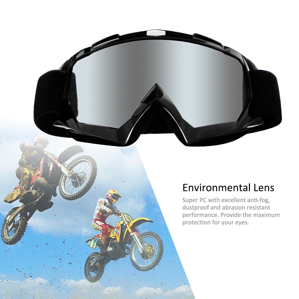 4-FQ Motorcycle Goggles Dirt Bike Goggles Anti UV Safety Goggles Anti Scratch Motocross Goggles Dustproof Motorcycle Glasses Motorbike Goggles for Cycling Riding Climbing Skiing-Sliver Lens