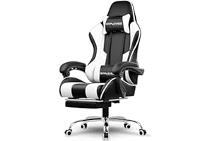 GTPLAYER Gaming Chair, Computer Chair with Footrest and Lumbar Support, Height Adjustable Game Chair with 360°-Swivel Seat and Headrest and for Office or Gaming (White)