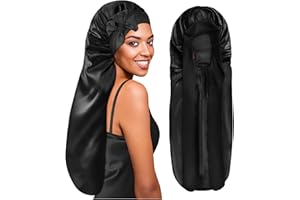 BONNET QUEEN Braid Bonnet Silk Bonnet Foldable Extra Long Wrap for Braids Satin Bonnets with Tie Band Long Sleep Cap, Black