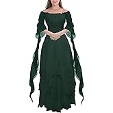 YEAXLUD Women's Victorian Dress Puff Sleeve Off Shoulder Ruffle Plus Size Medieval Costume for Women Renaissance Dress (Green, Small)