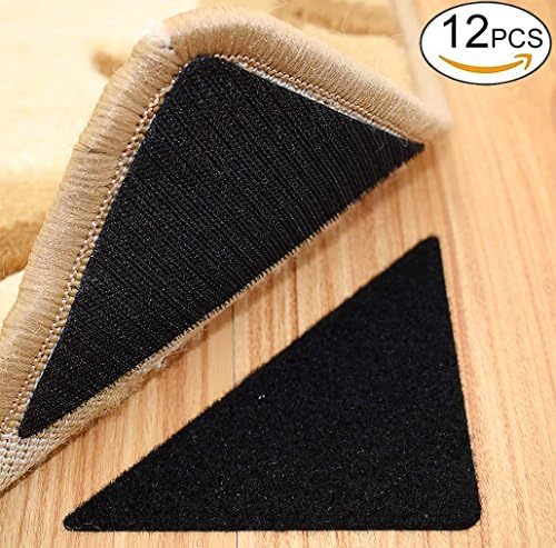 Rug Anchors , Double Sided Adhesive Hook and Loop Buckle Nylon Button Staircase Floor Carpet Non-slip Mat Anti-skid Stickers Triangle (12PCS, Black)
