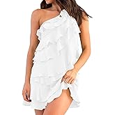 Nsbonu Womens 2025 Summer Sleeveless Mini Dress Backeless Solid Color One Shoulder Ruffle Tiered Layered A Line Sun Dresses