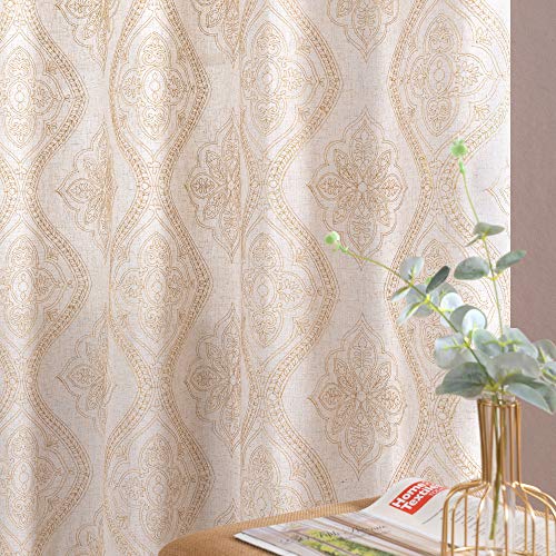 Photo 1 of Linen Textured Curtains for Living Room Embroidered Design Window Curtains Privacy Flax Linen Look Window Treatment Set for Bedroom Grommet Top 2 Panels 84" Gold