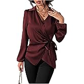 MakeMeChic Women's Satin V Neck Blouse Lantern Sleeve Wrap Tie Side Business Dressy Shirt Tops