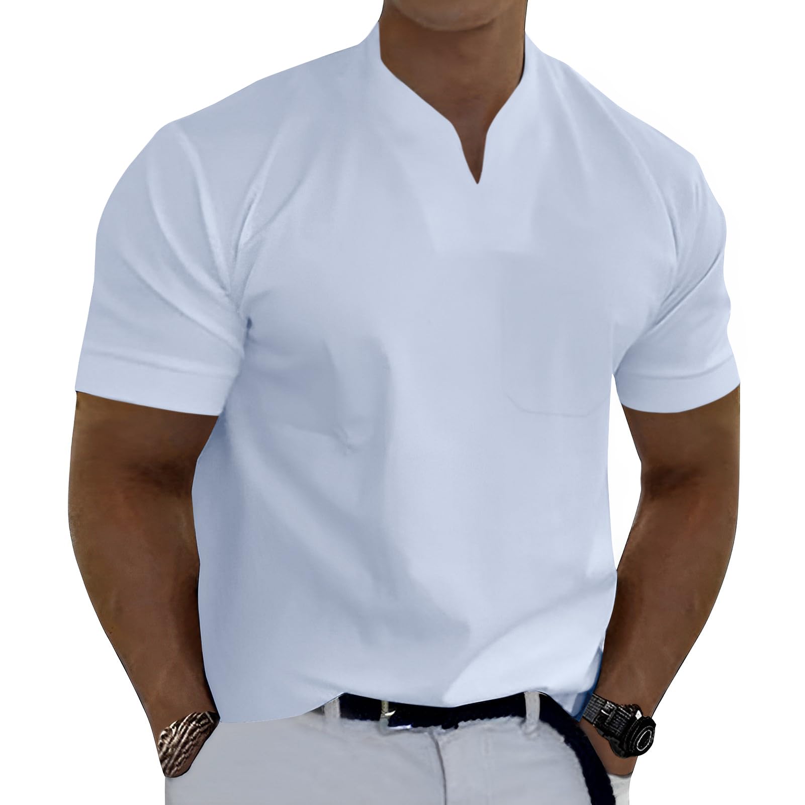 Photo 1 of Men Gentlemans Business T Shirt Short Sleeve Fitness Muscle T Shirt V Neck Gym Tee Fashion Workout Casual Shirts White- SIZE 8