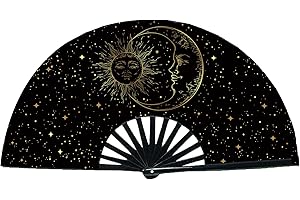 HAGSFIRE Hand Held Rave Fan, Large Folding Hand Rave Fan, Clack Handheld Fan for Party, Bamboo Holding Hand Fan Large Folding Fan with Bright Color, Folding Fan for Festival, Gifts for Women (Sun Moon)