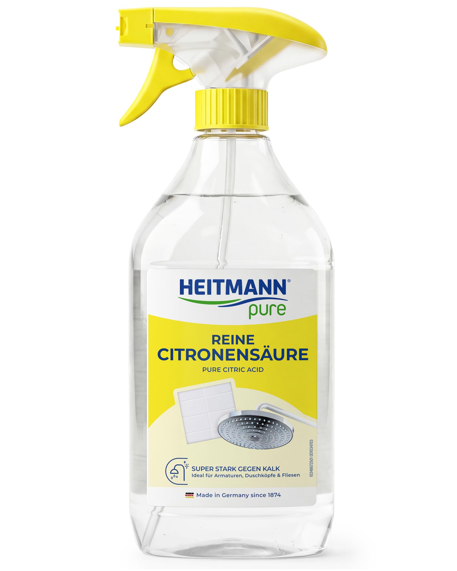HEITMANN pure Reine Citronensäure | Leistungsstarkes Entkalker-Spray für Bad & Küche | Lebensmittelsauber | Entfernt Kalk & Verfärbungen auf Oberflächen & Armaturen | 500 ml