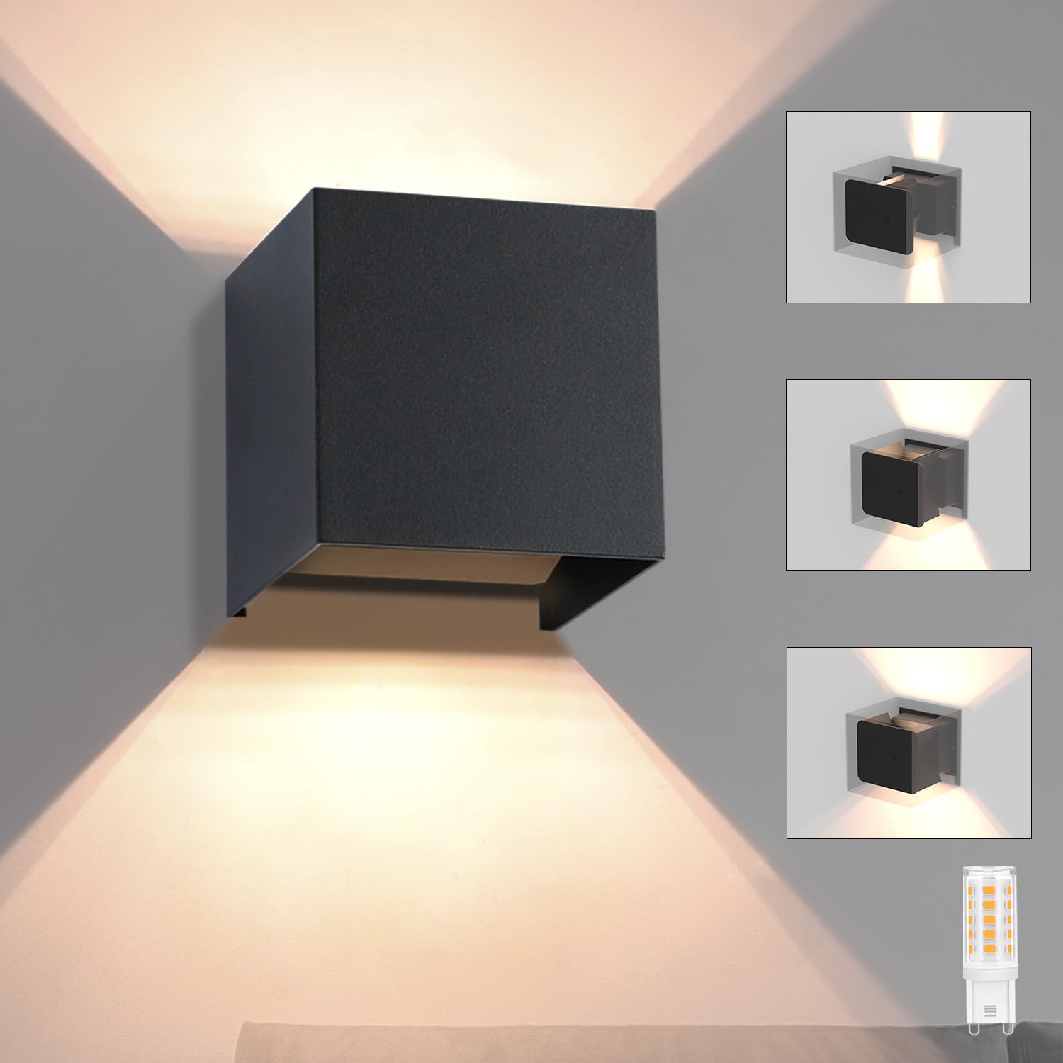 Homefire Black Modern LED Wall Lamp: Indoor/Outdoor, IP65 Waterproof, 10x10x10 cm, Touch Control, G9 Bulb, Warm White Light โ image 1