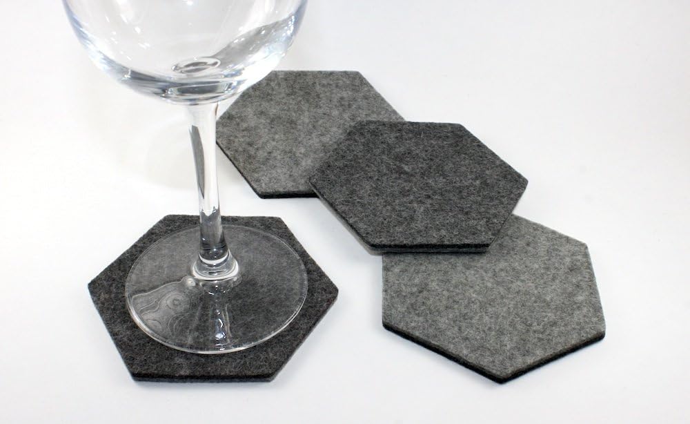 Hexagon Drink Coasters in 5mm Thick Merino Wool Felt- Reversible Grey