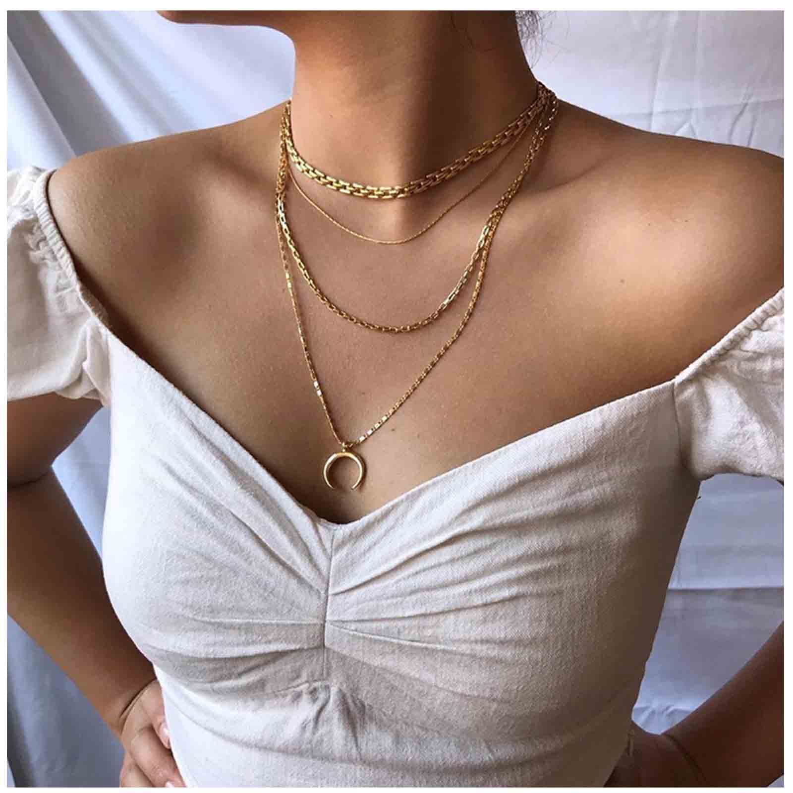 Yheakne Boho Layered Crescent Moon Necklace Choker Gold Crescent Pendant Necklace Punk Layering Flat Chain Necklace Chic Chunky Chain Necklace Jewelry for Women and Girls