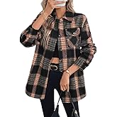 utcoco Women's Plaid Shacket Fleece Lined Long Sleeve Button Down Jacket Casual Outerwear with Pockets