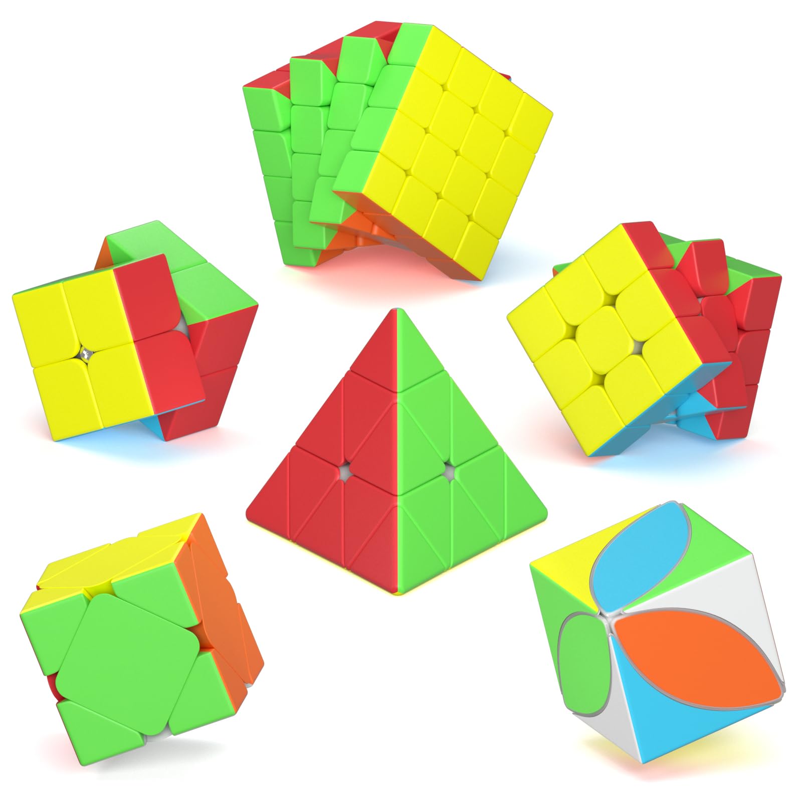 ROXENDA Speed Cube Set, Magic Cube Pack of 2x2 3x3 4x4 Pyramid Skewb Ivy Stickerless Puzzle Cube Bundle, Christmas Birthday Party Toy for Kids Teens Adults (6 Pack)