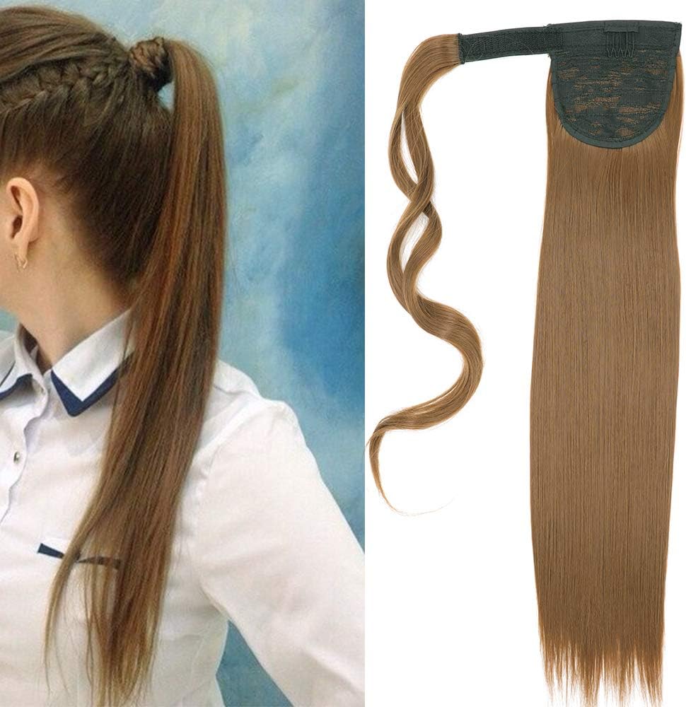 Cybelleza Ponytail Hair Extension Straight Wrap Around Pony Tail Clip in Hair Extensions Hairpiece Synthetic Long for Women （Light Brown）