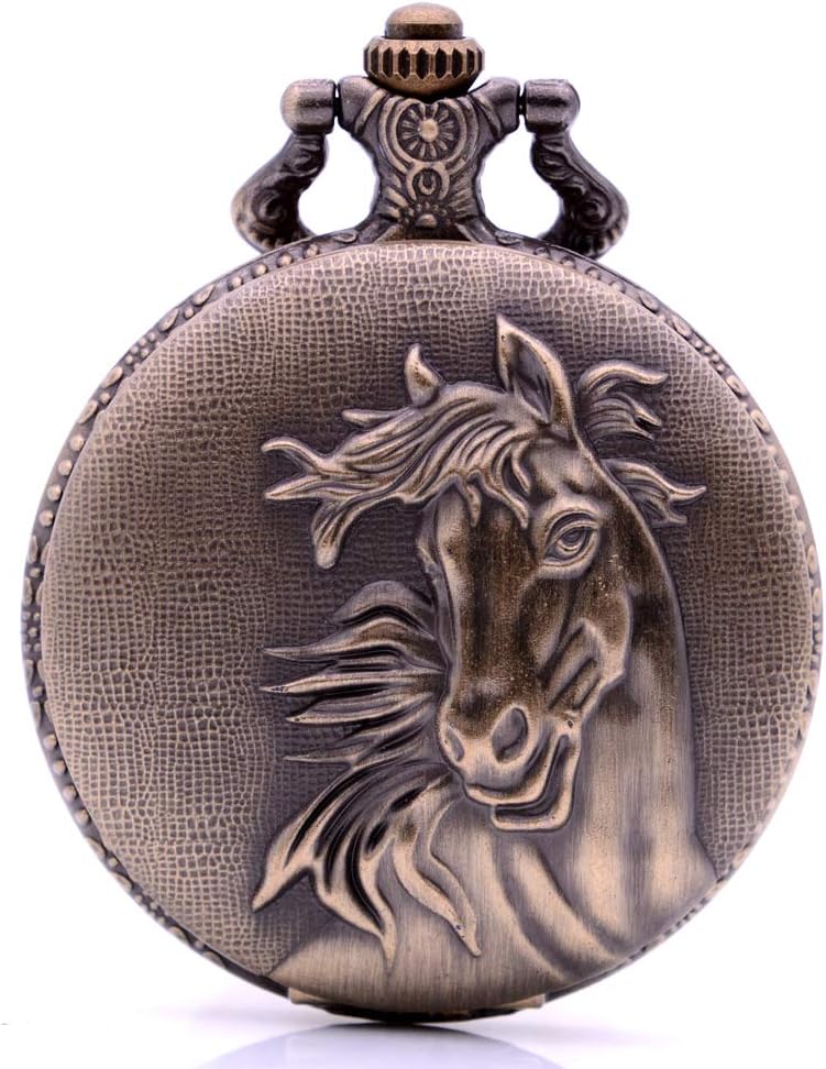 Ancient Bronze Horse Quartz Pocket Watch with Chain Vintage Bronze Mens Womens Fob Watch with Box for Christmas Gift