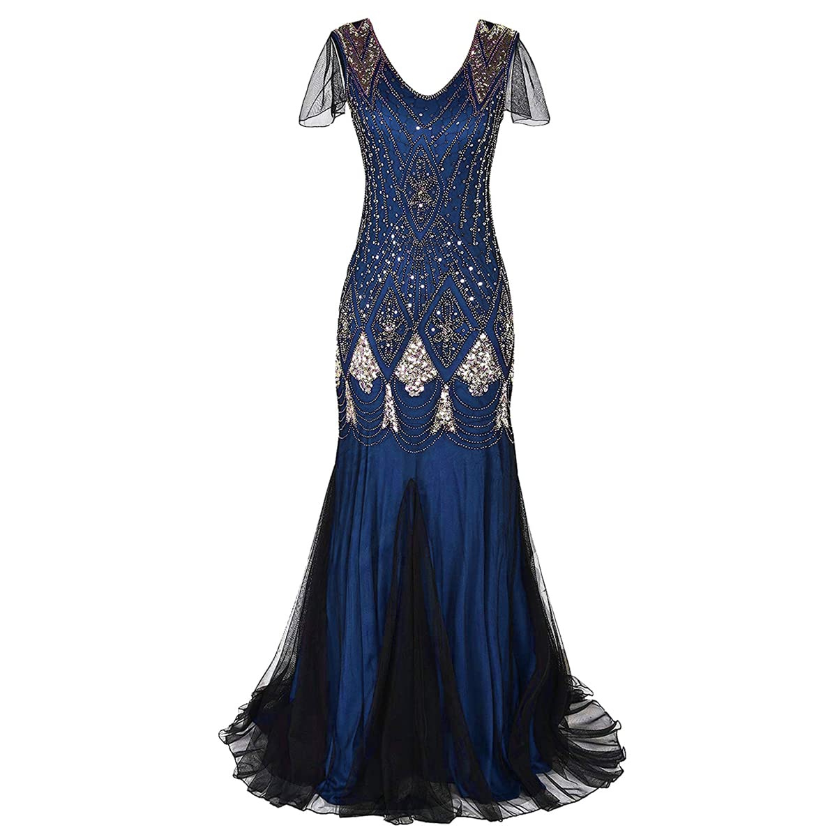 Photo 1 of 1920s Dress for Women Gatsby Long Evening Gown Vintage Sequins Fringe Flapper Cocktail Mermaid Formal Gown Sparkle Wedding Party Beaded Dress Roaring 20s Great Gatsby Dress Art Deco Dresses Blue M