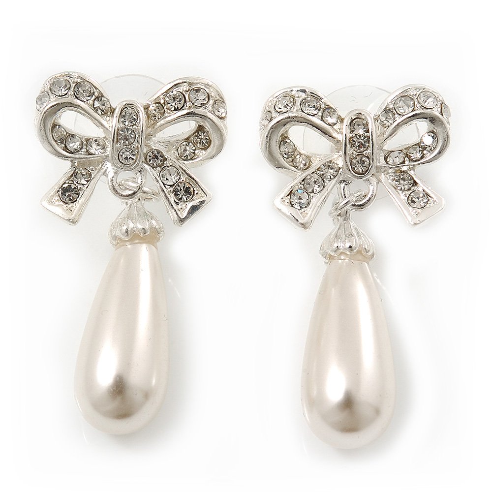 Classic Crystal Imitation Pearl Bow Drop Earrings/Silver Tone/ 4cm L