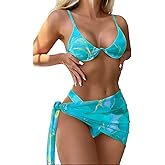 ZAFUL 3 Piece Swimsuits for Women Underwire Thong Bikini Sets Clasp Back Triangle Bathing Suit Cover Up Mesh Sarong Wraps