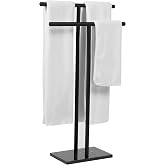 WISATO Free Standing Towel Rack - Matte Black Finish with Marble Base | Stand Alone 2 Tier Stainless Steel Towel Rack for Bathroom Floor - Heavy Marble Base, Double T Shape Drying Stand for Towels