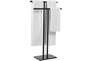 WISATO - Free Standing Towel Rack for Bathroom - Matte Black Finish - Stand Alone 2 Tier Stainless Steel Towel Rack for Bathroom Floor with Heavy Marble Base - Double T Shape Drying Stand for Towels