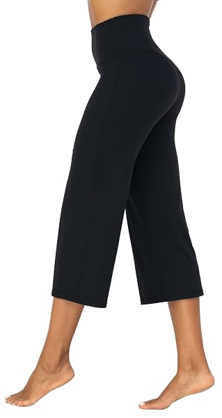 SUNZEL YOGA PANTS FOR WOMEN STRAIGHT WIDE LEG CAPRIS HIGH WAISTED LOUNGE CROP PANTS (23″ INSEAM, BLACK, L)
