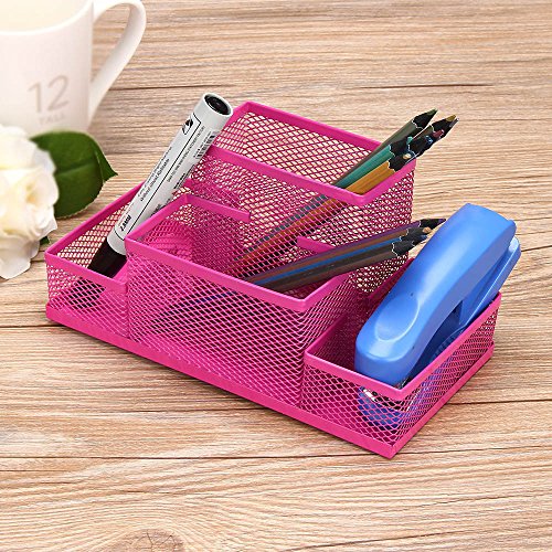 Pencil Holder 4 Rectangle Compartments Mesh Pen Holder Large Capacity Pencil Cup Pen Organizer for School Office Stationery Accessories (Hot Pink)