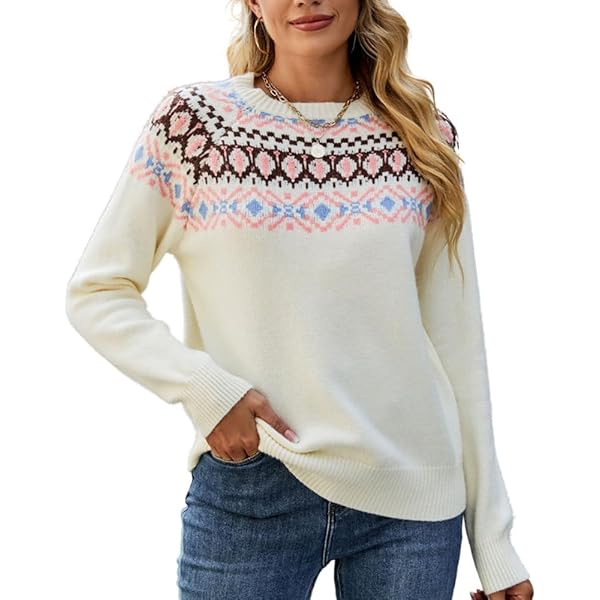 Womens Vintage Fair Isle Sweater Casual Loose Long Sleeve