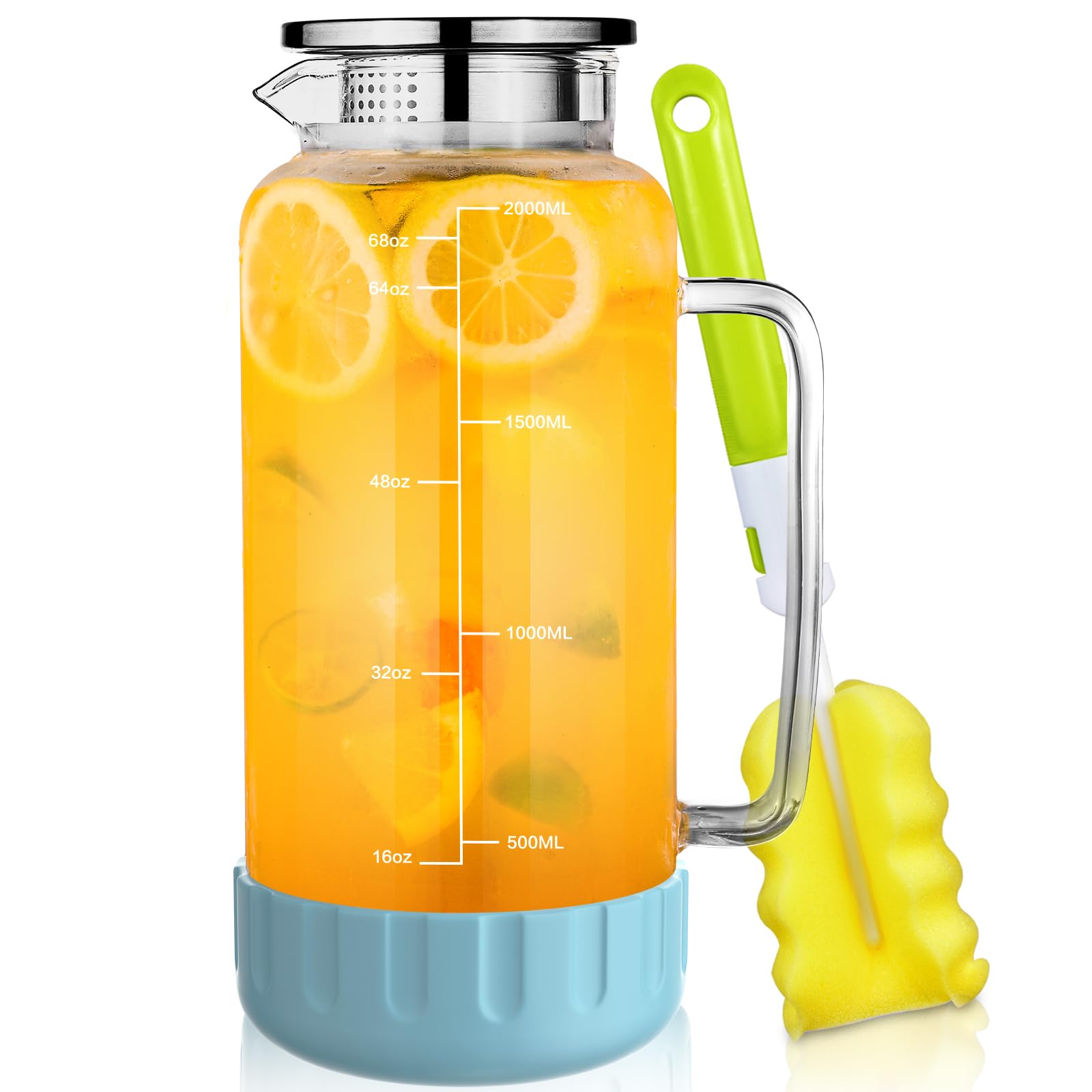 Aofmee Water Jug for Fridge, 2L Glass Jug with Lid and Silicone Base, Fridge Jar with Spout and Precise Scale Line, Pitcher Carafe for Milk Juice Coffee Sangria Cold or Hot Beverages, Anti-Slip (Blue)