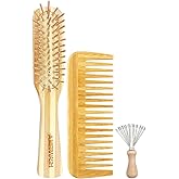 Bamboo Detangling Hairbrush and Wide Tooth Comb Set - Promotes Hair Growth, for Women, Men, Thick, Thin, Curly, Dry Hair - Cleaner Included