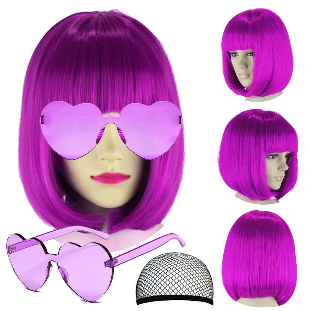 Party Wigs Wig Cap and Sunglass Set,Short Bob Hair Wigs Straight with Flat Bangs Synthetic Colorful Cosplay Daily Party Neon Wig for Women (Purple)