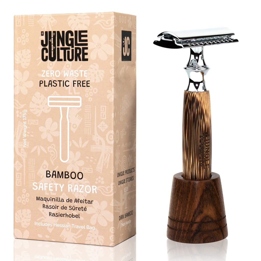 Jungle Culture® Bamboo Safety Razor for Men & Women with STAND • Premium Eco Friendly Razor • Fits Double Edge Razor Blades • Single Blade Reusable Razor • Plastic Free Zero Waste • Dark