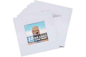 Somime 10 Pack Pre-Cut 8x8 White Picture Mats for 4x4 Photos - White Core Bevel Cut Frame Matte, Acid Free, Ideal for Frames/Artwork/Prints