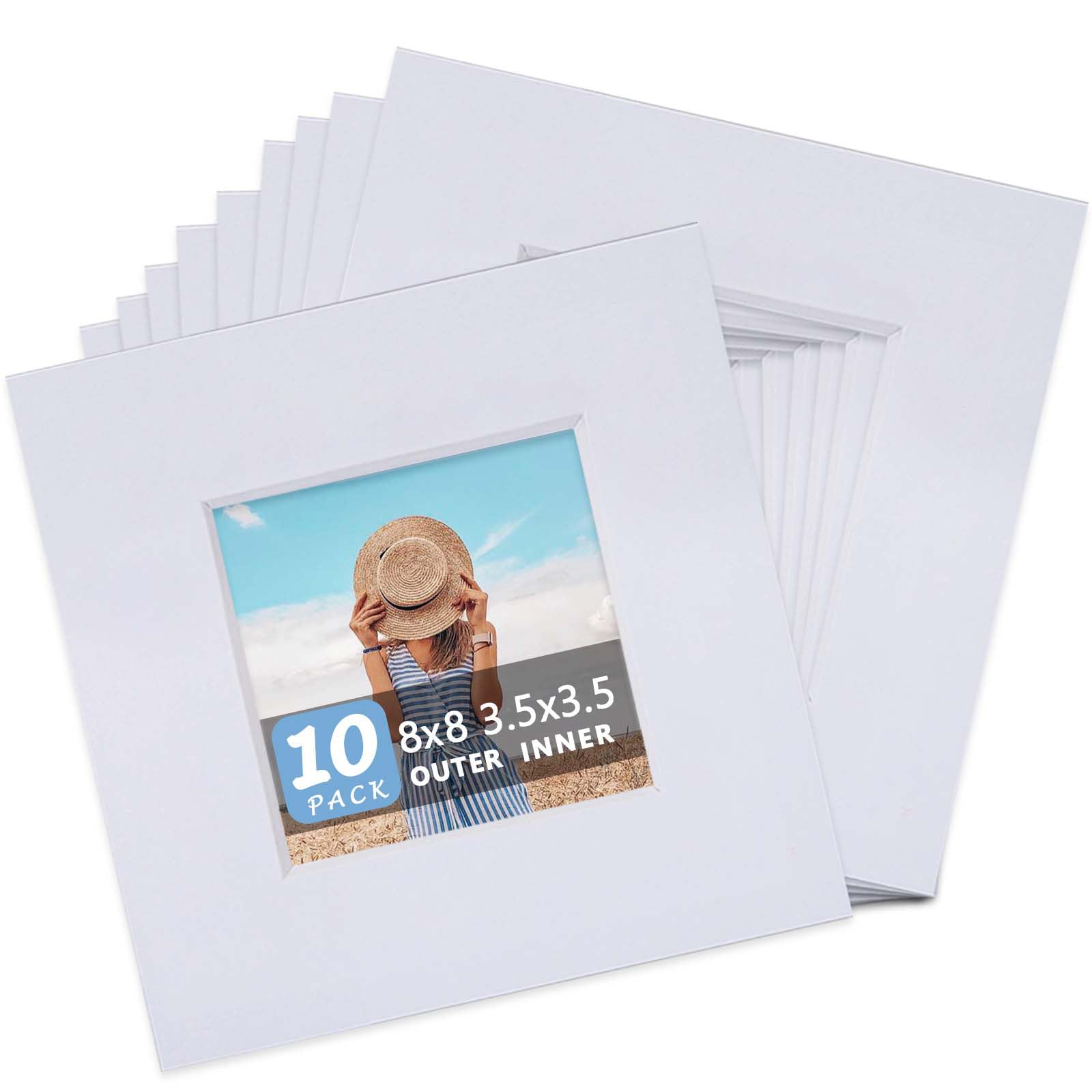 Photo 1 of Somime 10 Pack Pre-Cut 8x8 White Picture Mats for 4x4 Photos - White Core Bevel Cut Frame Matte, Acid Free, Ideal for Frames/Artwork/Prints