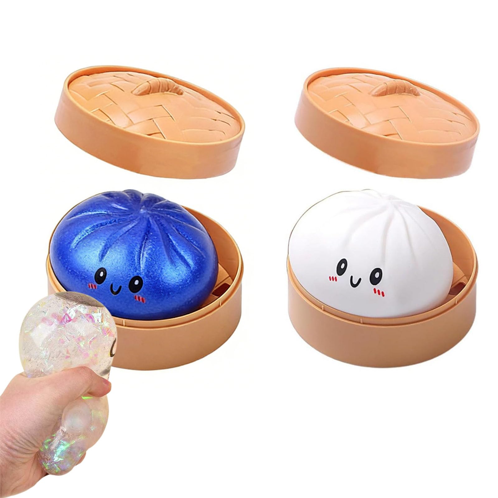 Glitter Dumpling Squishy, Dumpling Squishy Box, Soft Squeeze Stress Relief, 2 Pack (Blue Glitter + White)