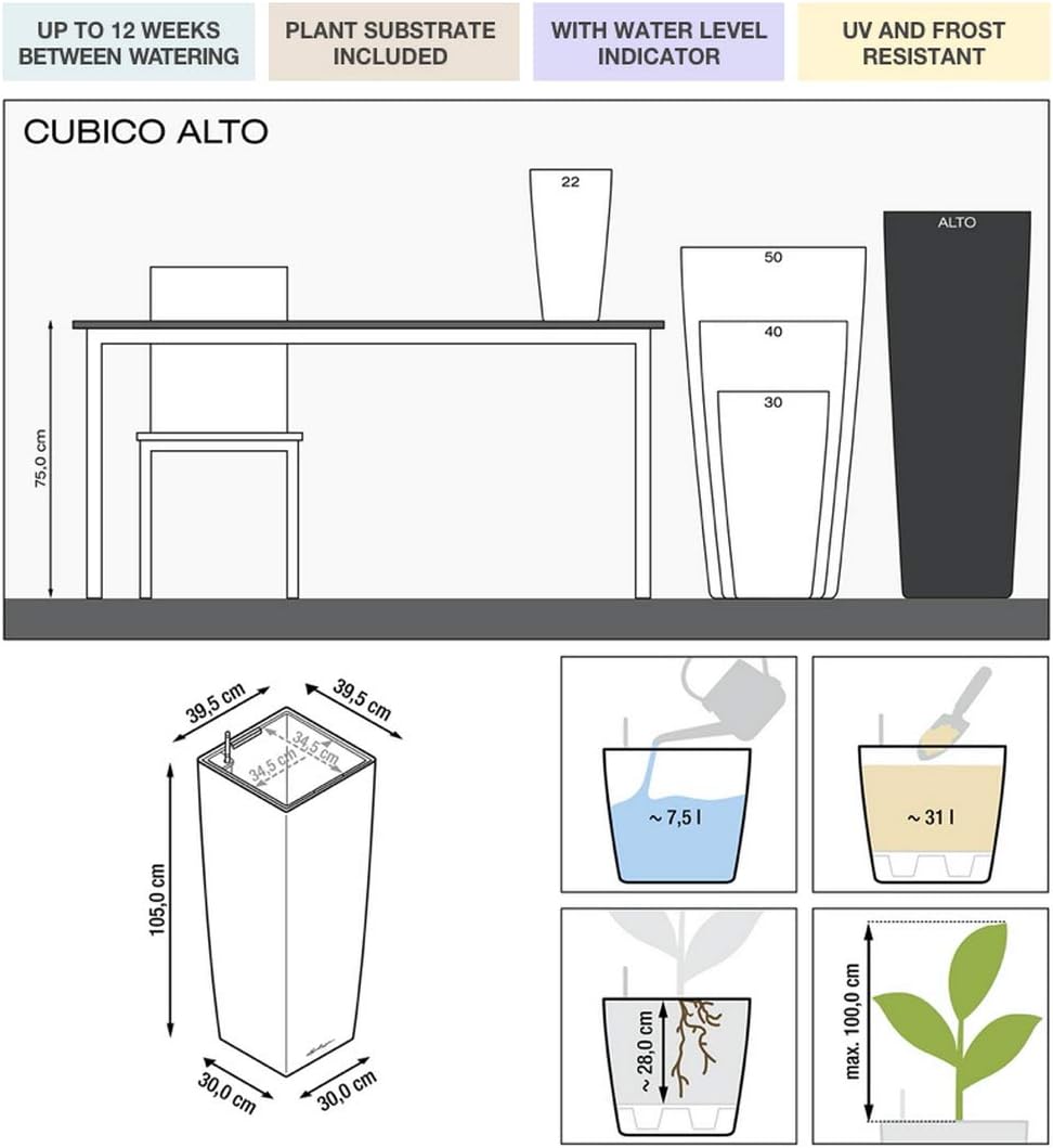 LECHUZA CUBICO Alto Premium 40 white high gloss 18230, High Gloss White, 40 cm - Image 3