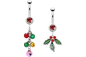 FLOGWE 316L 2 PCS Christmas Dangle Mistletoe Belly Button Rings 14G Stainless Steel Jingling Bell Navel Rings for Women Belly Piercing Jewelry