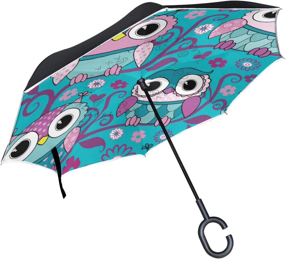 with C-Shaped Handle Outdoor Umbrella Happy Windproof for Car Patio Umbrella Reverse Umbrella Owl Bird Animal Tree Flower