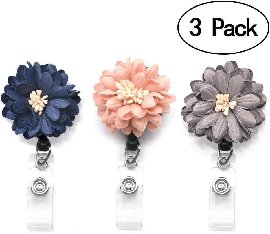 Retractable Badge Holder 3Pack, Kolss ID Badge Reel with Alligator Clip, Nurse Badge Holder with Daisy(Multiple)