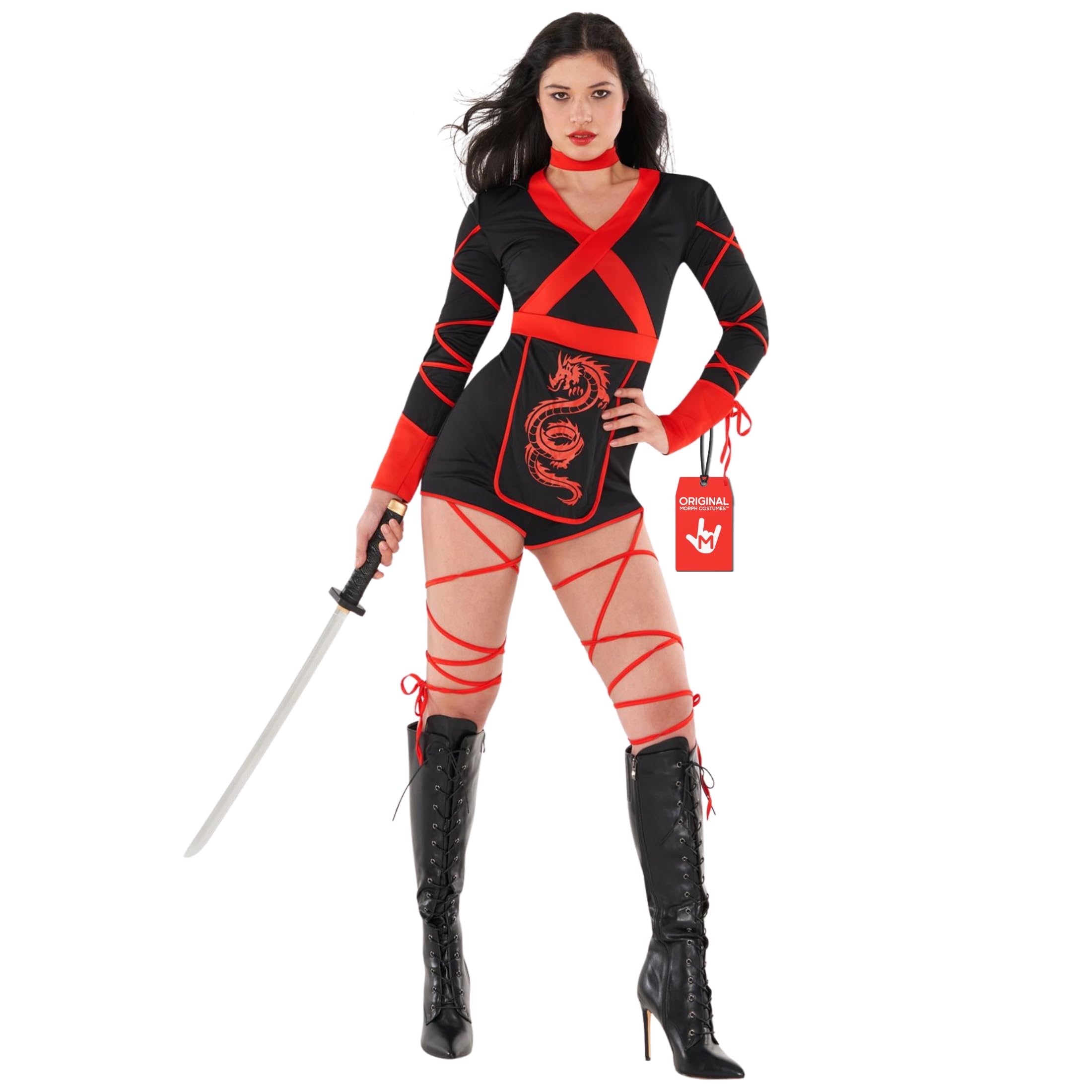 Morph Red Ninja Costume for Women - Adult Halloween Ninja Outfit - Dragon Ninjas Dress Up for Women, Large