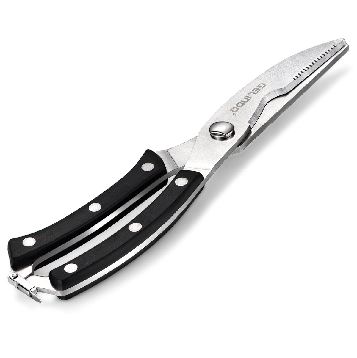Gelindo Kitchen Scissors - Heavy Duty Stainless Steel- Spring Loaded Shears - Sharp Blade- Safety Clip- Rust Free- Comfortable Handle- Great for Poultry, Fish, Chicken, Beef, BBQ, Herbs & Plastic