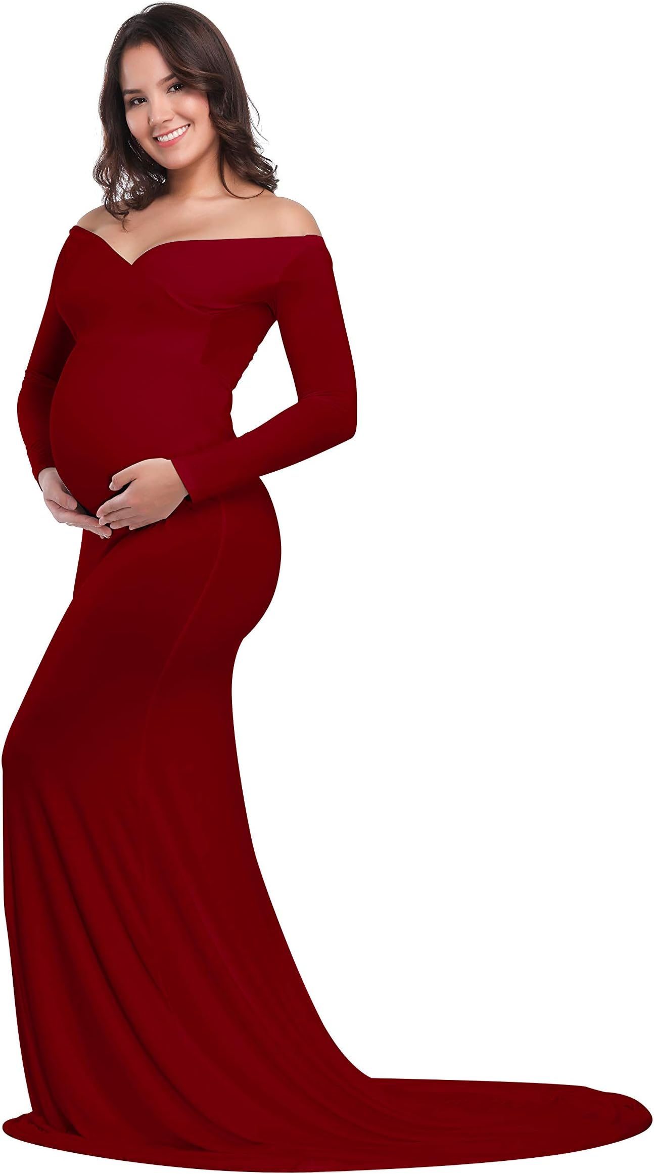 JustVH Maternity Elegant Fitted Maternity Gown Long Sleeve Cross-Front V Neck Slim Fit Maxi Photography Dress for Photoshoot