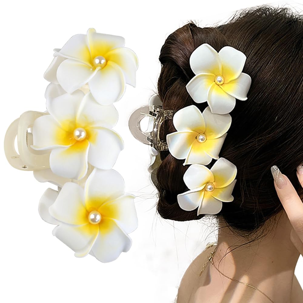 Photo 1 of Hawaiian Plumeria and Hibiscus Flower Hair Clips for Women - Cute Large Pearl Non-Slip Claw Clips for Thick Hair, Beach Hair Accessories