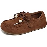 DFHASLKLE Women's Suede Lace-Up Loafers Retro Round Toe Beaded Comfortable Non Slip Casual Flats Moccasins Shoes for Work Walking Everyday Wear