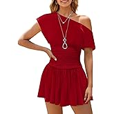Wenrine Women's Off The Shoulder Mini Dress Summer Short Sleeve Smocked Waist Y2K A Line Going Out Club Dresses