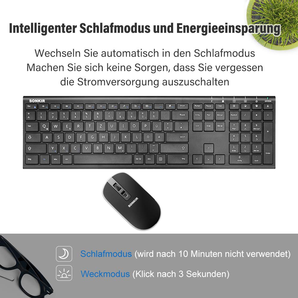 Sonkir Tastatur und Maus, K-18 2,4GHz ultradünne wiederaufladbare Aluminium-Tastatur in voller Größe für Windows, Laptop, PC, Notebook (Schwarz)