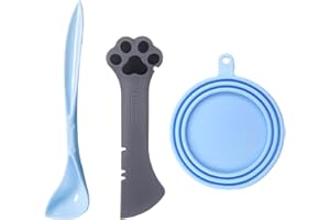 TiLanmiy Pet Food Can Cover Lid and Spoon Set, Silicone Can Topper and Multifuctional Mini Spatula Pet Can Opener, Plastic Spoon for Dogs Cats Feeding (L)